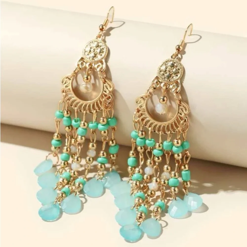 Exquisitely Exotic Hand Beaded Chandelier Earrings Blue, Green & Gold - Picture 9 of 9